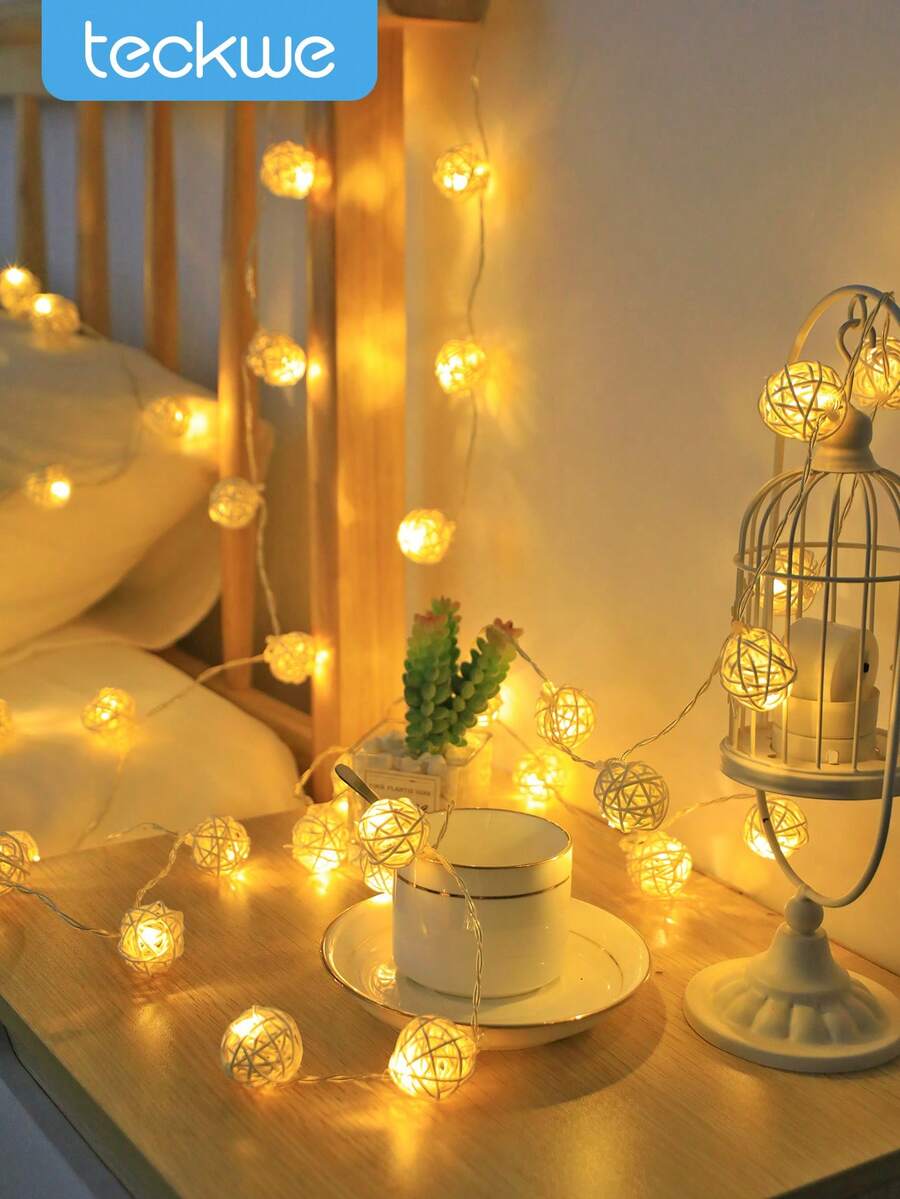 Teckwe 1 قطعة سلسلة أضواء LED بكرة الخيزران بطول 1.5/3/4.5 متر تعمل بالبطارية، تصميم كروي أضواء جنية LED، أضواء ديكور جدار غرفة النوم، ديكور غرفة الأطفال، سلسلة أضواء كرة منسوجة بيضاء دافئة لديكور شجرة عيد الميلاد، سلسلة أضواء ديكور خيمة التخييم
