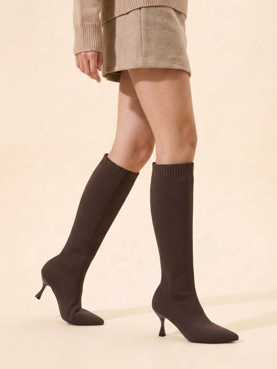 CUCCOO BASICS Women's Pointed Toe Fabric Wine Glass Heel Knee-High Boots, Classic Holiday Commute Boots - dark coffee - View 1