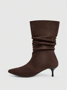 Daringsoles Autumn And Winter Pleated Thin Heel Square Toe But Knee-Colored Suede Mid-Boots - Coffee Brown - View 4