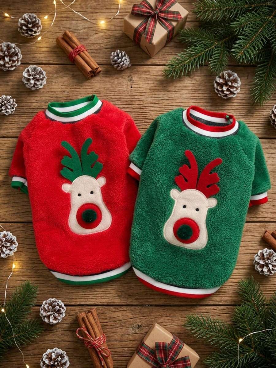 PETSIN 1PC Christmas Deer‑Face Pet Outfit, Warm Autumn Winter Clothing For Cats & Dogs, Fit For French Bulldog, Teddy, Bichon - Multicolor - View 1