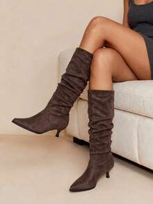 Daringsoles Women's Dark Brown Pointed Toe Mid Heel Suede Knee-High Boots, Daily Commute Autumn Boots Fall Boots - Coffee Brown - View 2