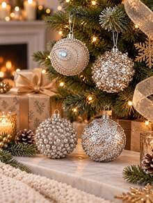8cm Champagne Gold Sequin Rhinestone Christmas Ball Ornaments, Shatterproof Glitter Xmas Baubles, Tree Hanging Decor For Holiday Party Home Decoration - multicolor - View 2
