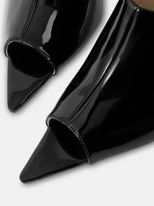 Mnmlis Glossy Black Patent Leather High-Heeled Mules Girl, Pointed Toe Thin Heel, Sandals On A Dinner Date - Black - View 4