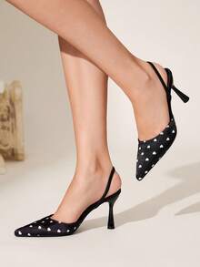 CUCCOO CHICEST Pointe Fashion Elegant Commuting Elegance Love Polka Dot Closed Toe Word With Stiletto High Heel Black Shoes - Graphite Black - View 4