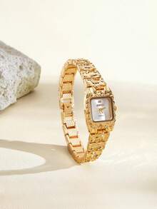 Opalesca A Sophisticated Gold Lava-Textured Bracelet With Classic Square Watch Exuding A Glamorous And Vintage Charm Suitable For Daily Stacking Birthday Gifts - Gold - View 2