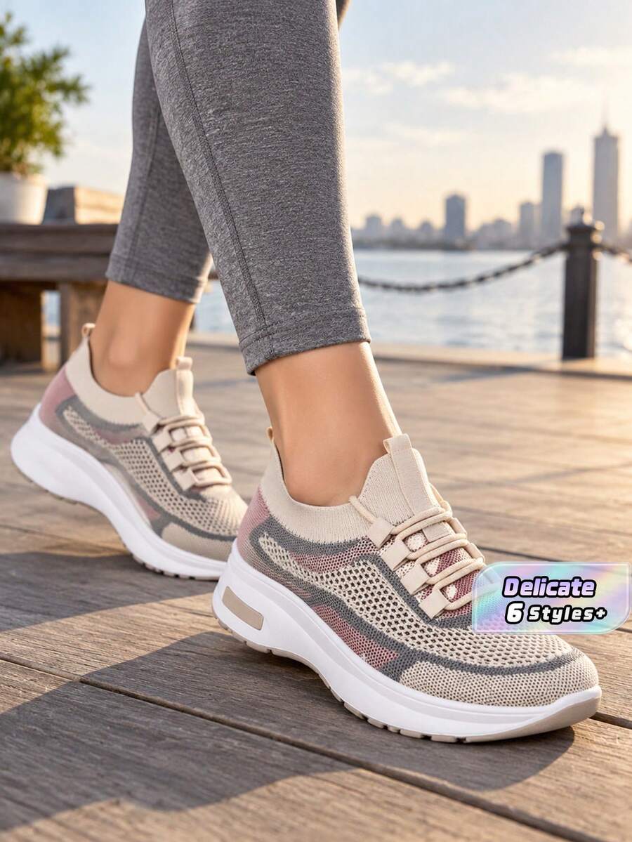 2025 Spring Women'S Thick Sole Casual Sneakers, Breathable Comfortable Platform Shoes For Mothers - Beige - View 1
