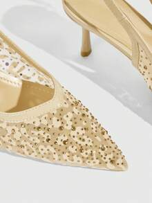 CUCCOO SZL Women's Leopard Print Mesh Rear Strap Low Vamp Shoes, Pointed Toe Full Diamond Decorative V-Shaped Shoe Mouth Adjustable Buckle Thin Heel - Apricot - View 2