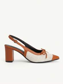 CUCCOO CHICEST Spring And Summer New Linen Leather Pointed Back Strap Sandals, Bow Beige Thick Heel Commuter Women's High Heels Fashion Dating Commuter Party - Beige - View 3