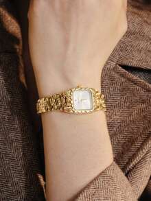 Opalesca A Sophisticated Gold Lava-Textured Bracelet With Classic Square Watch Exuding A Glamorous And Vintage Charm Suitable For Daily Stacking Birthday Gifts - Gold - View 13
