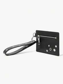 Viva Strut Women's Fashion Black Faux Leather Rivet Card Bag, Zipper Change Bag With Air Eye Wristband, Multi-Functional Card Sleeve, Daily Commute - Black - View 4