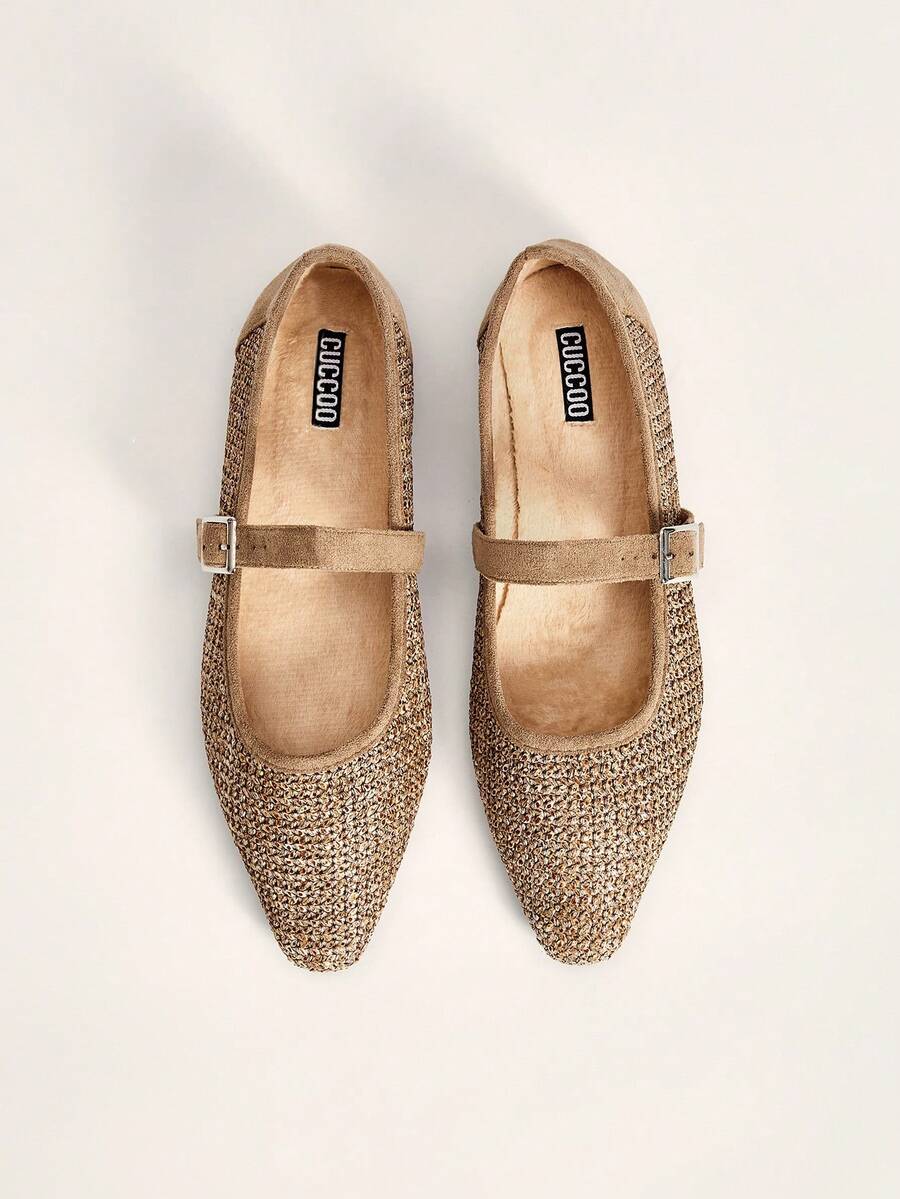 CUCCOO CHICEST Bagian atas berbahan kulit gandum baru, sol dalam beludru, desain ujung persegi kecil, dapat disesuaikan dengan gesper, nyaman dan serbaguna, sepatu datar wanita. - Khaki - View 1