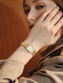 Opalesca A Sophisticated Gold Lava-Textured Bracelet With Classic Square Watch Exuding A Glamorous And Vintage Charm Suitable For Daily Stacking Birthday Gifts - Gold - View 5