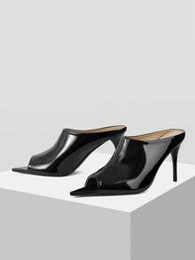 Mnmlis Glossy Black Patent Leather High-Heeled Mules Girl, Pointed Toe Thin Heel, Sandals On A Dinner Date - Black - View 2