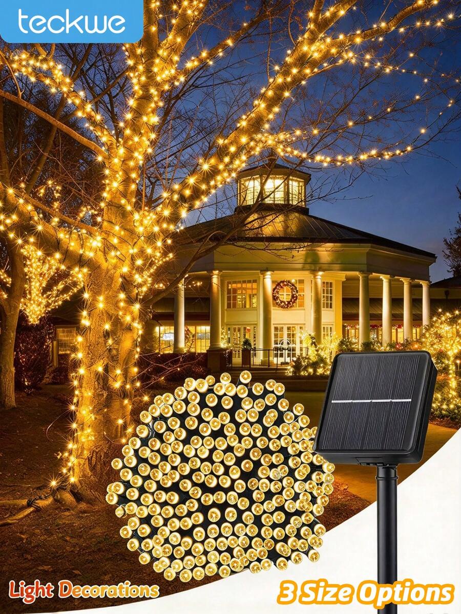 Teckwe Solar Christmas Lights Outdoor, 200/100/20 LED, IP44 Outdoor Solar String Lights Festival Fairy LIghting With 8 Modes Auto On/Off For Porch Tree Garden Xmas Decorations - Warm yellow - View 1