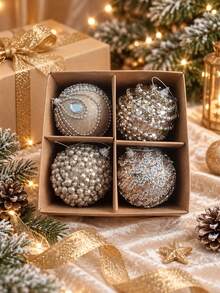 8cm Champagne Gold Sequin Rhinestone Christmas Ball Ornaments, Shatterproof Glitter Xmas Baubles, Tree Hanging Decor For Holiday Party Home Decoration - multicolor - View 6
