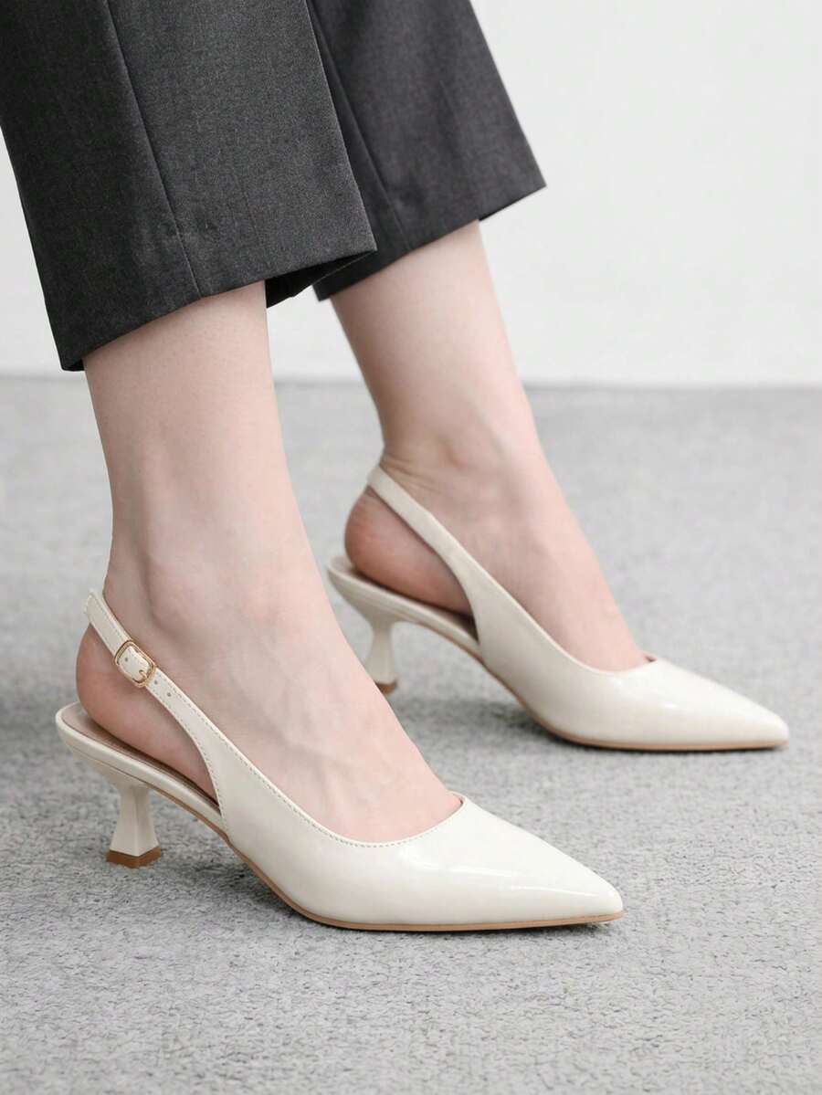 CUCCOO BIZCHIC 女款尖頭米色後扣帶高跟鞋,簡約優雅,日常百搭通勤上班slingback鞋 - 米色 - 查看 1