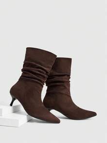 Daringsoles Autumn And Winter Pleated Thin Heel Square Toe But Knee-Colored Suede Mid-Boots - Coffee Brown - View 1