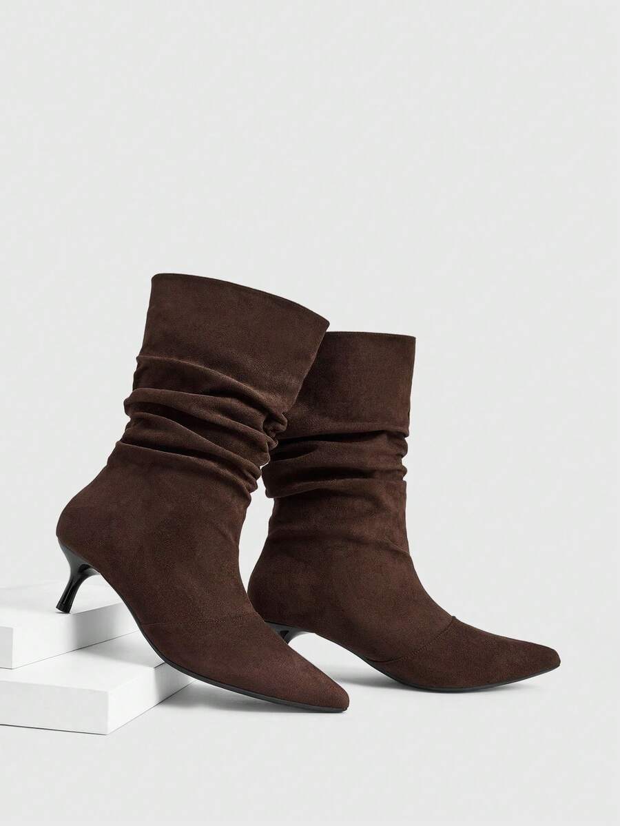 Daringsoles Autumn And Winter Pleated Thin Heel Square Toe But Knee-Colored Suede Mid-Boots - Coffee Brown - View 1