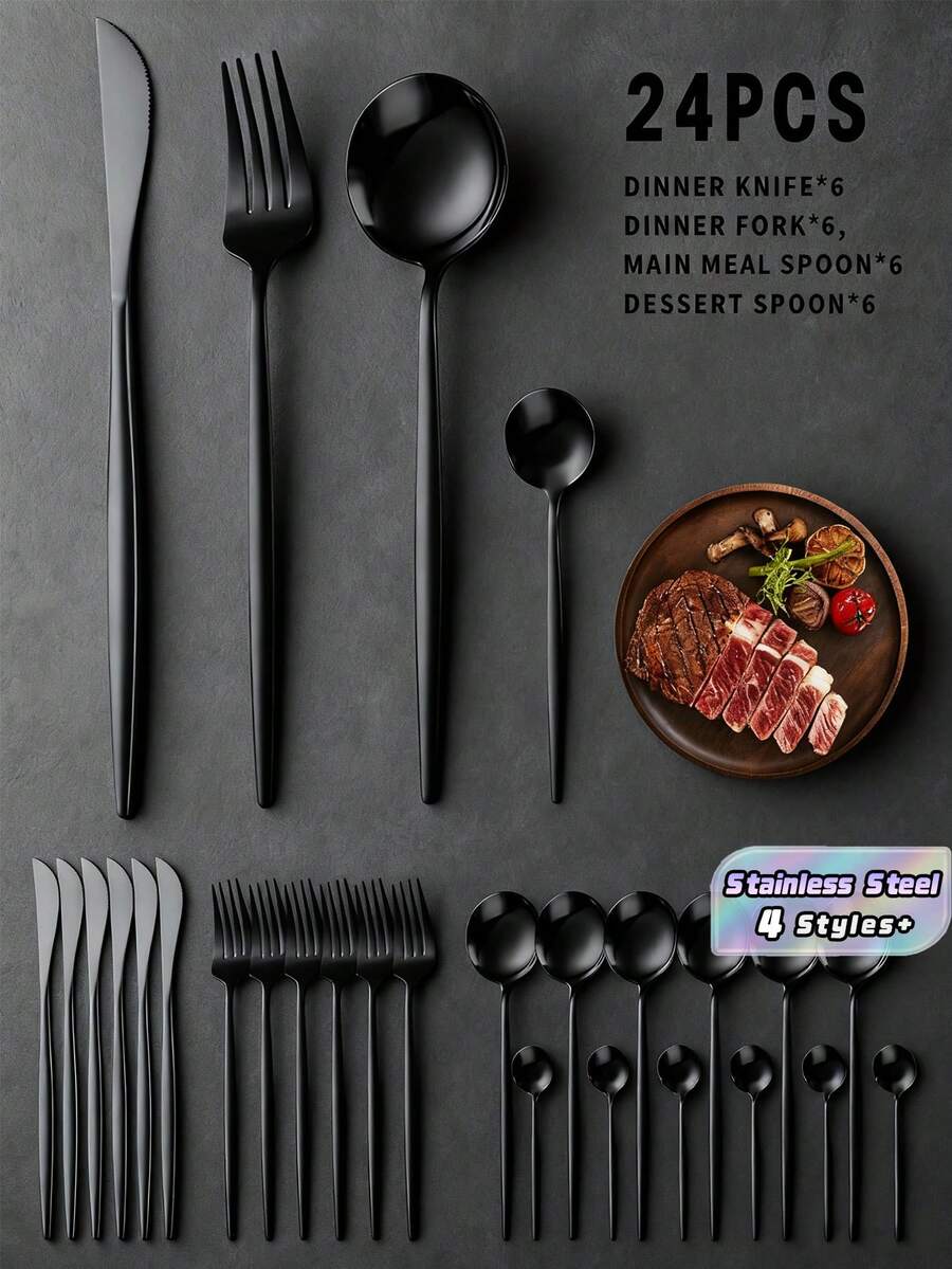 24pcs Stainless Steel Hotel Western Dining Cutlery Set With Knife, Fork, Spoon And Tea Spoon,Kitchen,Christmas Gift