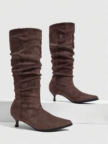 Daringsoles Women's Dark Brown Pointed Toe Mid Heel Suede Knee-High Boots, Daily Commute Autumn Boots Fall Boots - Coffee Brown - View 6