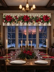Christmas Window Valance Curtain, Rod Pocket Short Window Valance, Winter Snow Pine Tree / Poinsettia Bells / Cute Snowman Xmas Window Treatment, Holiday Kitchen Cafe Bedroom Window Decor, - Multicolor - View 5