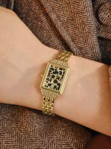 Opalesca A Women's Fashion Watch,Gold Classic Bracelet With Exquisite Leopard Print Roman Numerals Watch Case, Inlaid With Rhinestones, Retro And Elegant - leopard print - View 1