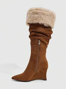 Daringsoles Women's European And American Style Pointed Toe And Knee Boots Large Size Boots Autumn And Winter New Brown PU Material Slope Heel High Boots - Brown - View 4