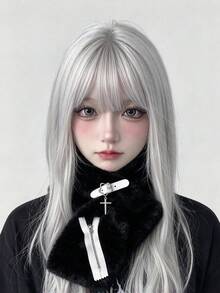 ROMWE Anime Black Imitation Plush Scarf, Belt Buckle, Cross Pendant, Zipper Decoration Y2K Gothic Subculture Winter Warm Scarf - Black - View 1