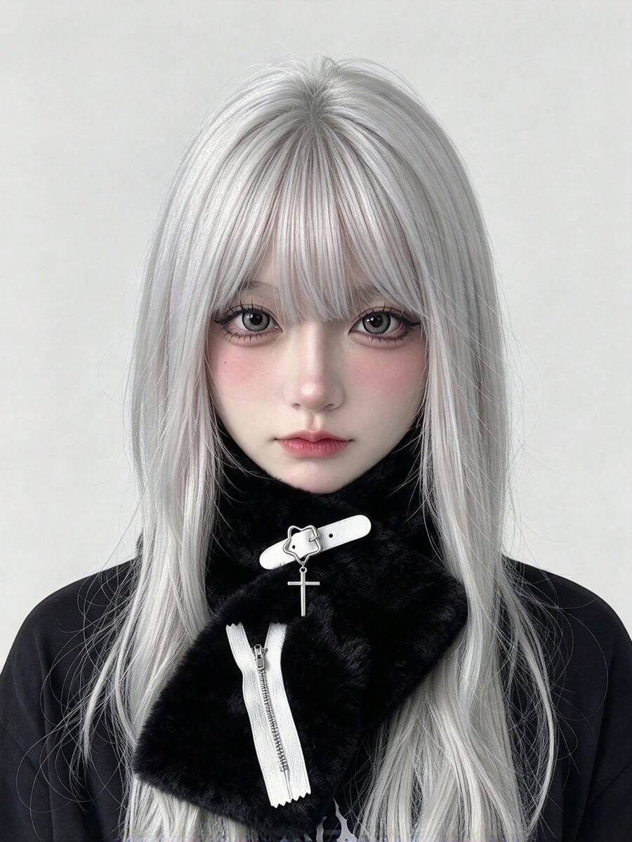 ROMWE Anime Black Imitation Plush Scarf, Belt Buckle, Cross Pendant, Zipper Decoration Y2K Gothic Subculture Winter Warm Scarf - Black - View 1