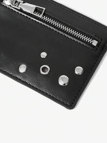 Viva Strut Women's Fashion Black Faux Leather Rivet Card Bag, Zipper Change Bag With Air Eye Wristband, Multi-Functional Card Sleeve, Daily Commute - Black - View 8