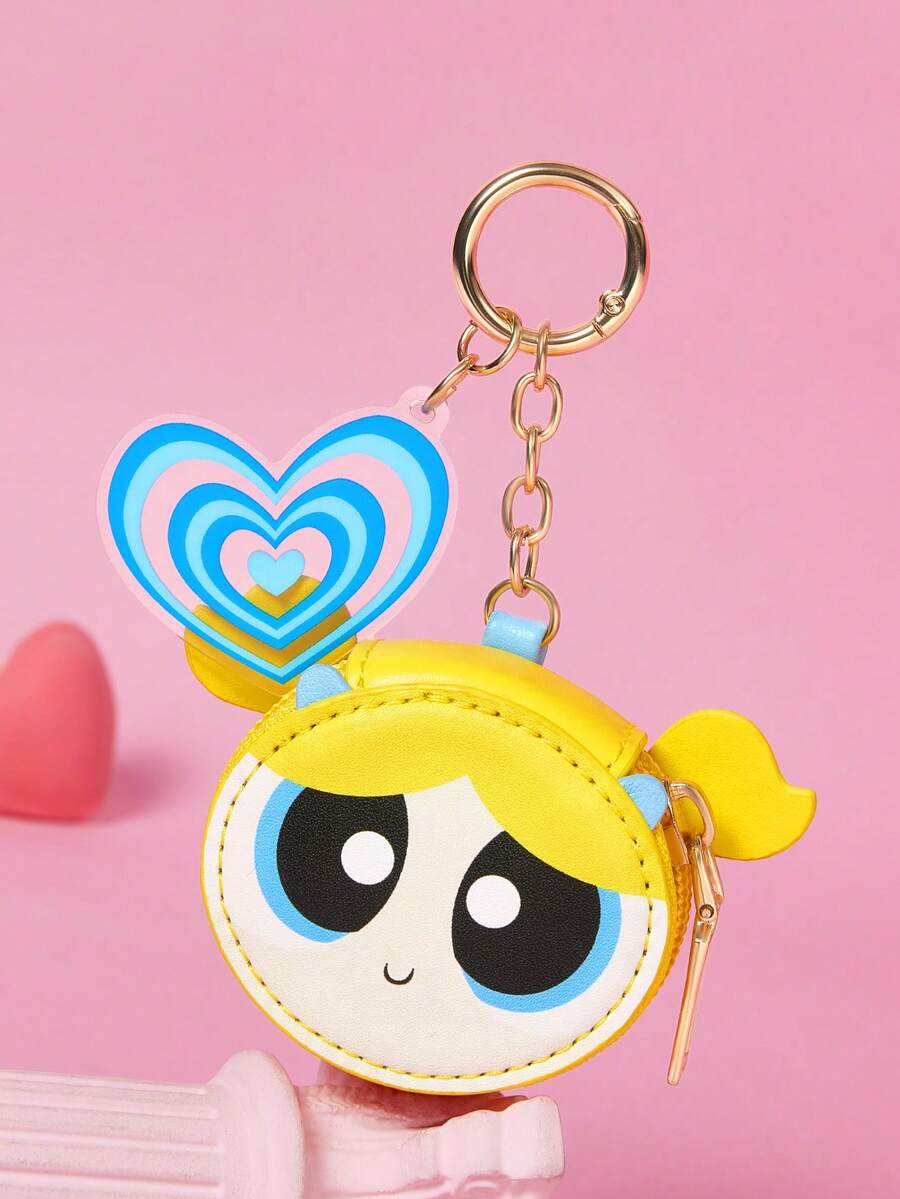 THE POWERPUFF GIRLS X SHEIN Dompet Koin Mini Gantungan Kunci Warna Kontras, Dengan Liontin Akrilik, Tas Penyimpanan Kecil dengan Resleting, Dapat Menyimpan Koin, Cocok Untuk Anak Muda, Gantungkan Di... - Kuning - View 1