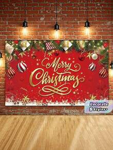 Merry Christmas Red Photography Backdrop, Gold Art Lettering Xmas Baubles Pine Gift Snowflake Star Decor Photo Background Banner, Photo Booth Prop For Winter Holiday Party Home Wall Decoration - multicolor - View 1