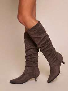 Daringsoles Women's Dark Brown Pointed Toe Mid Heel Suede Knee-High Boots, Daily Commute Autumn Boots Fall Boots - Coffee Brown - View 1