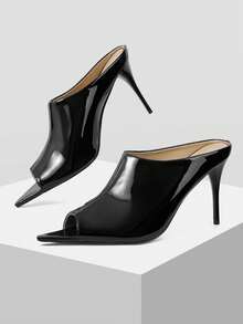 Mnmlis Glossy Black Patent Leather High-Heeled Mules Girl, Pointed Toe Thin Heel, Sandals On A Dinner Date - Black - View 1