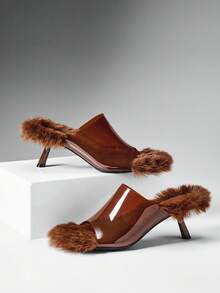 SHEIN SHUZIA Women's Fashion Daily Versatile Faux Fur Slip-On Heeled Sandals - Coffee Brown - View 1