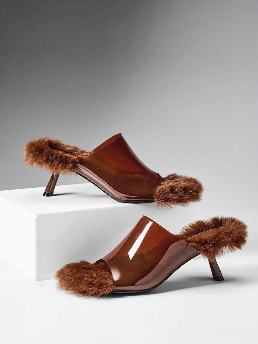 SHEIN SHUZIA Women's Fashion Daily Versatile Faux Fur Slip-On Heeled Sandals - Coffee Brown - View 1