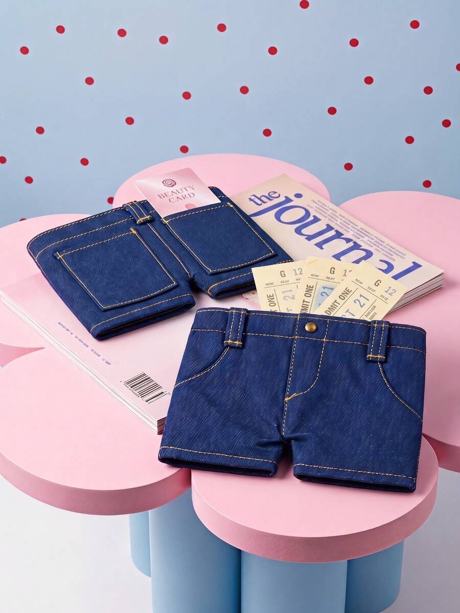 Joivida Blue Denim-Look Shorts Shaped Mini Storage Pouch, Cute Novelty Snap Button Card Holder Wallet, Stitched Small Organizer For Cards, Coins, Keys & Daily Essentials, Portable Travel Accessory, Birthday Holiday Gift