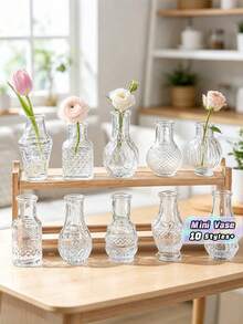 10pcs Bohemian Mini Glass Vase Set, Vintage Clear Bud Vases, Rustic Wedding & Table Centerpiece Decor, Small Decorative Bottles For Flowers, Diffuser Bottles, Home, Room & Christmas Decor - 10Pcs - View 2