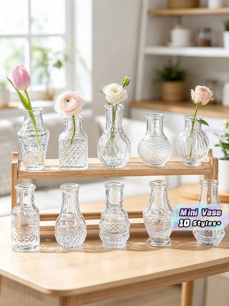 10pcs Bohemian Mini Glass Vase Set, Vintage Clear Bud Vases, Rustic Wedding & Table Centerpiece Decor, Small Decorative Bottles For Flowers, Diffuser Bottles, Home, Room & Christmas Decor