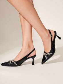 CUCCOO CHICEST Women's High-Heeled Shoes Upper Asymmetric Flash Diamond Inlaid Pointed Small Square Thick Heel PU Black Rear Empty Strap High-Heeled Single Sho - Black - View 4