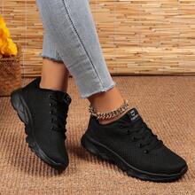 duokixx Ladies Outdoor Sports Style Lace-Up Fabric Sneakers - Black - View 3
