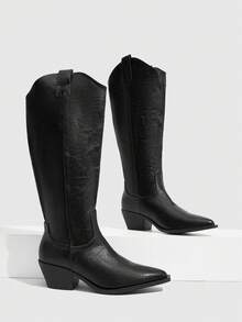 Daringsoles Black Simple V-Mouth Western Boots Retro Thin Pointed Thick Heel Medium Boots - Black - View 7