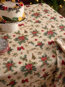 Cirelle Christmas Tablecloth - Festive Red Poinsettia & Pine Tree Printed Table Cover, Reusable Holiday Table Cloth For Dining Room, Kitchen & Party Decoration - Multicolor - View 2
