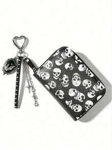 MortiRose 1pc Skull Pattern Litchi Texture Zipper Short Wallet, Punk Style Hanging Accessory, Multi-Function Coin Purse Halloween Costume/Gothic - Multicolor - View 11