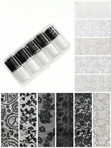 Romantic Black White Lace Nail Transfer Paper – Hollow Mesh Texture & Starry Sky Pattern, French Style DIY Nail Decals For Wedding & Party - Multicolor - View 7