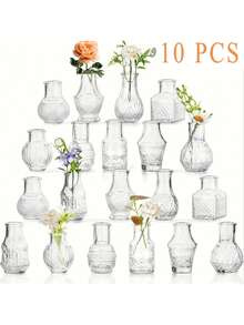 10pcs Bohemian Mini Glass Vase Set, Vintage Clear Bud Vases, Rustic Wedding & Table Centerpiece Decor, Small Decorative Bottles For Flowers, Diffuser Bottles, Home, Room & Christmas Decor - 10Pcs - View 9
