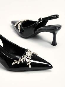 CUCCOO CHICEST Women's High-Heeled Shoes Upper Asymmetric Flash Diamond Inlaid Pointed Small Square Thick Heel PU Black Rear Empty Strap High-Heeled Single Sho - Black - View 10