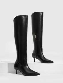 Daringsoles 女款尖頭V領小貓跟長靴，秋冬薄款過膝騎士靴，優雅低跟西式牛仔靴秋季靴 - 黑色 - 查看 8
