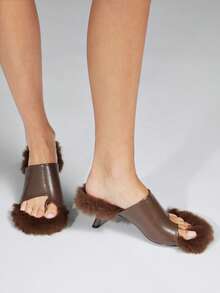 SHEIN SHUZIA Women's Fashion Daily Versatile Faux Fur Slip-On Heeled Sandals - Coffee - View 2
