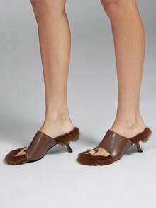SHEIN SHUZIA Women's Fashion Daily Versatile Faux Fur Slip-On Heeled Sandals - Coffee - View 5